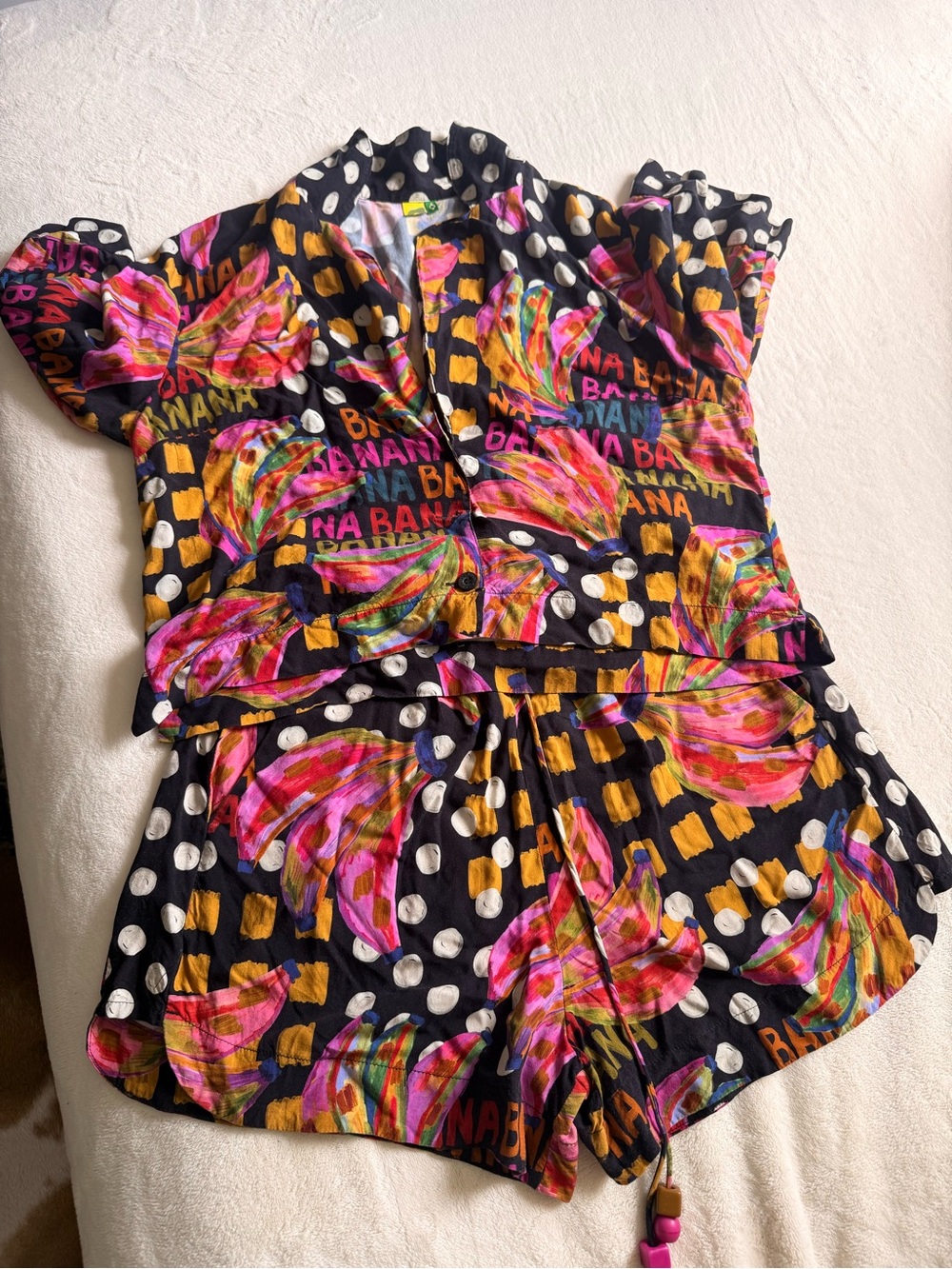 Colorful Banana Print Two-Piece Set - Black Base with Pink & Yellow Accents
